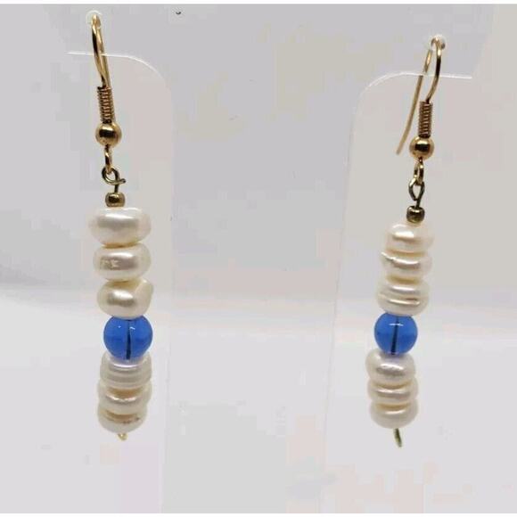 Handmade Studio Jewelry - Vintage handmade Genuine Pearl Earrings Long Dangle Freshwater & Blue Glass
